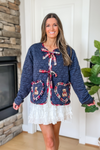 Plaid Bow Quilted Teddy Cardigan - Navy