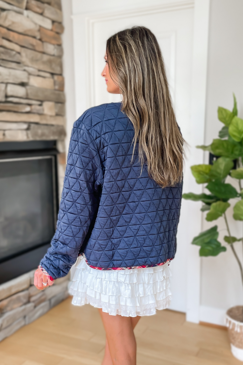 Plaid Bow Quilted Teddy Cardigan - Navy