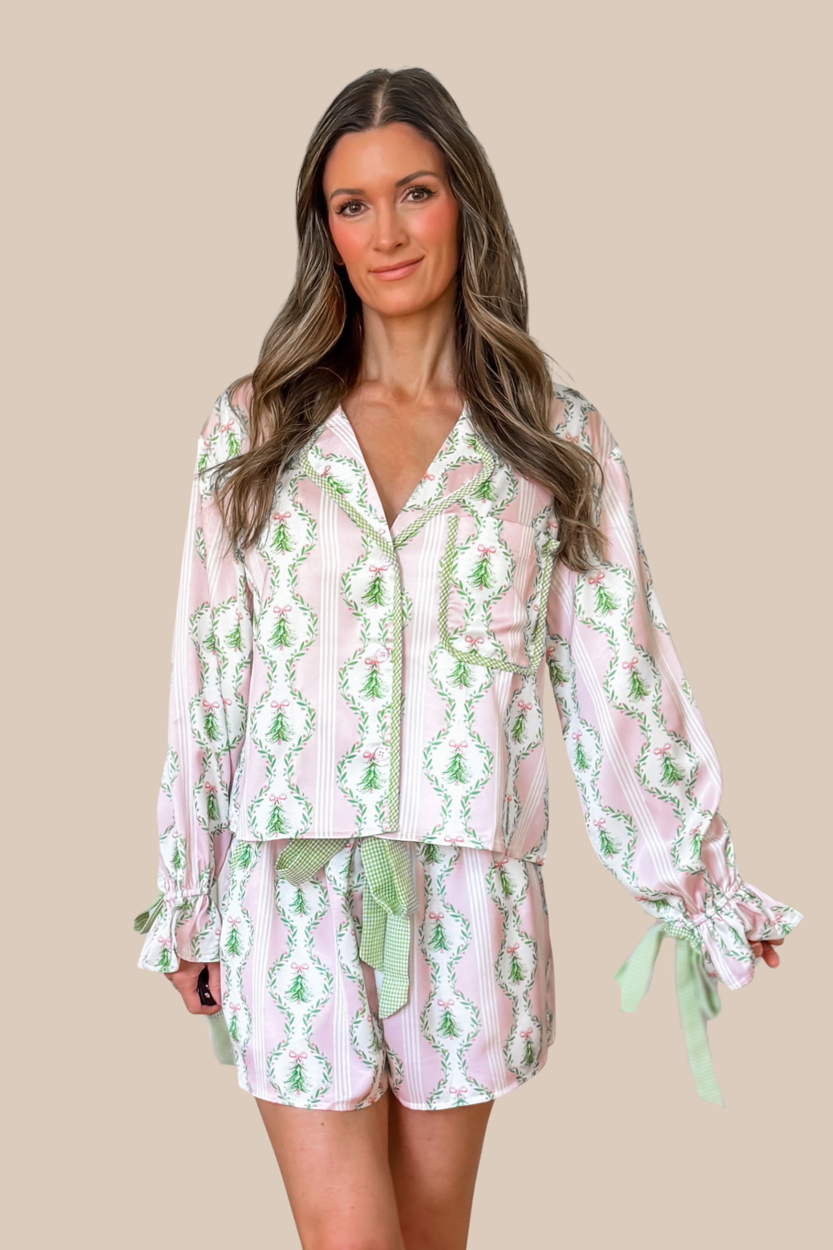 Festive Satin Christmas Tree Pajama Set - Pink and Green