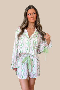 Festive Satin Christmas Tree Pajama Set - Pink and Green