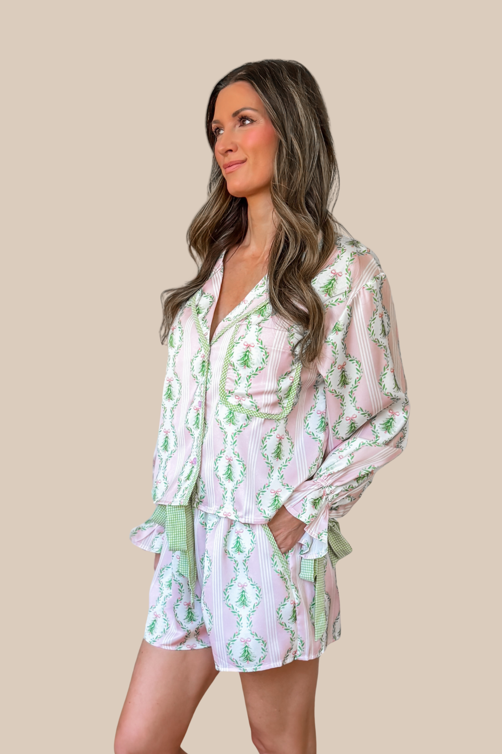 Festive Satin Christmas Tree Pajama Set - Pink and Green