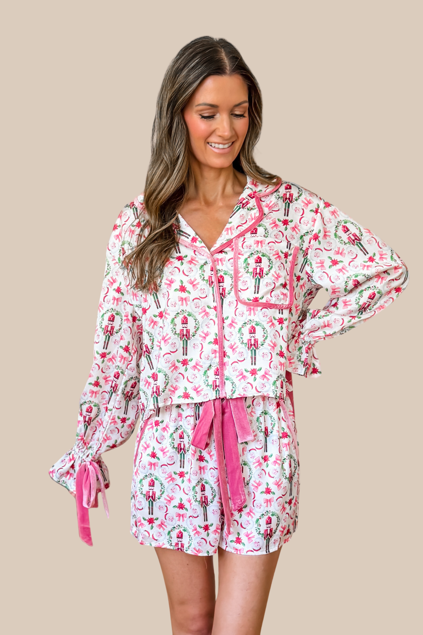 Pink Santa, Nutcracker, and Bows Satin Pajama Set