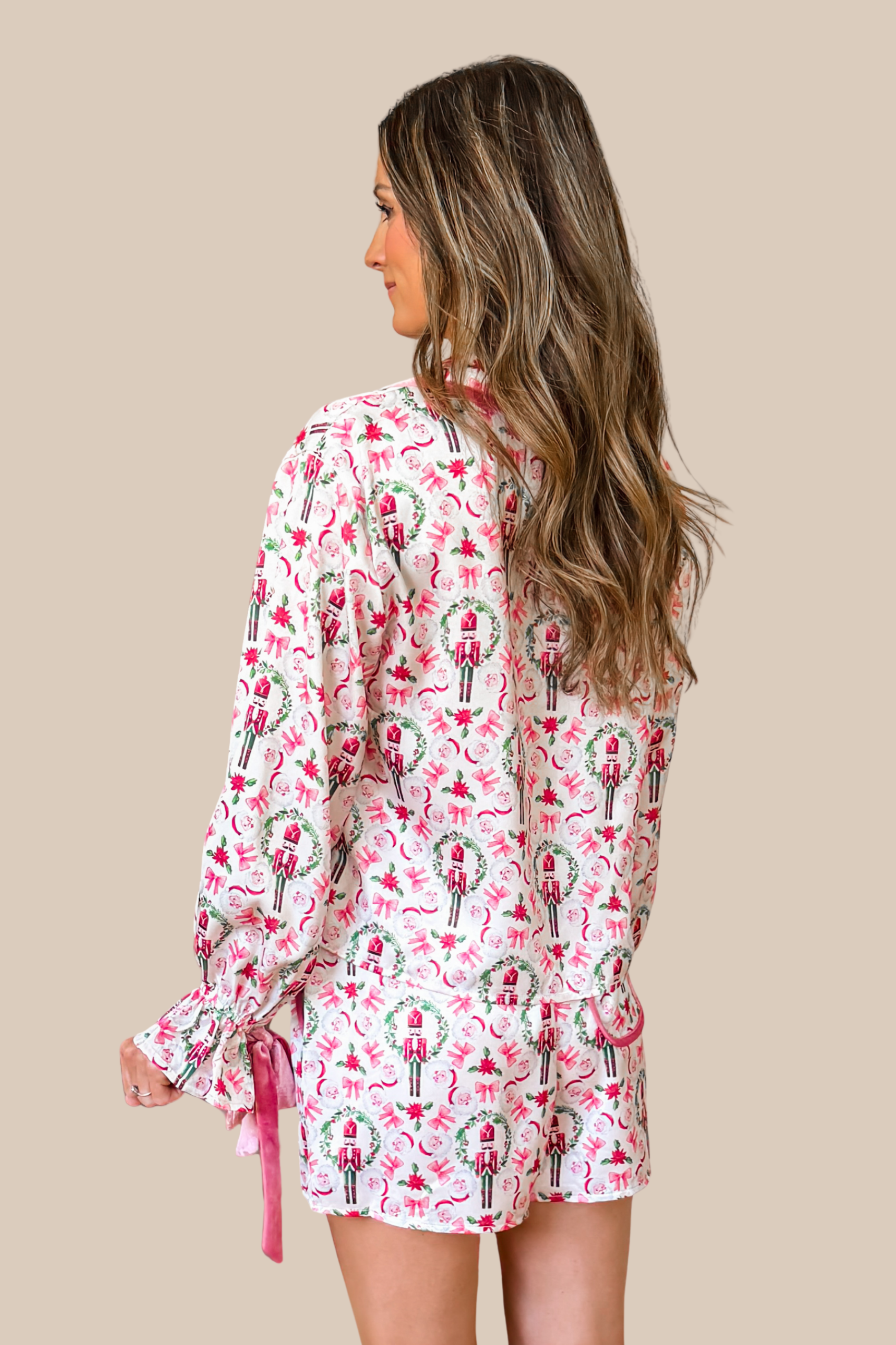 Pink Santa, Nutcracker, and Bows Satin Pajama Set