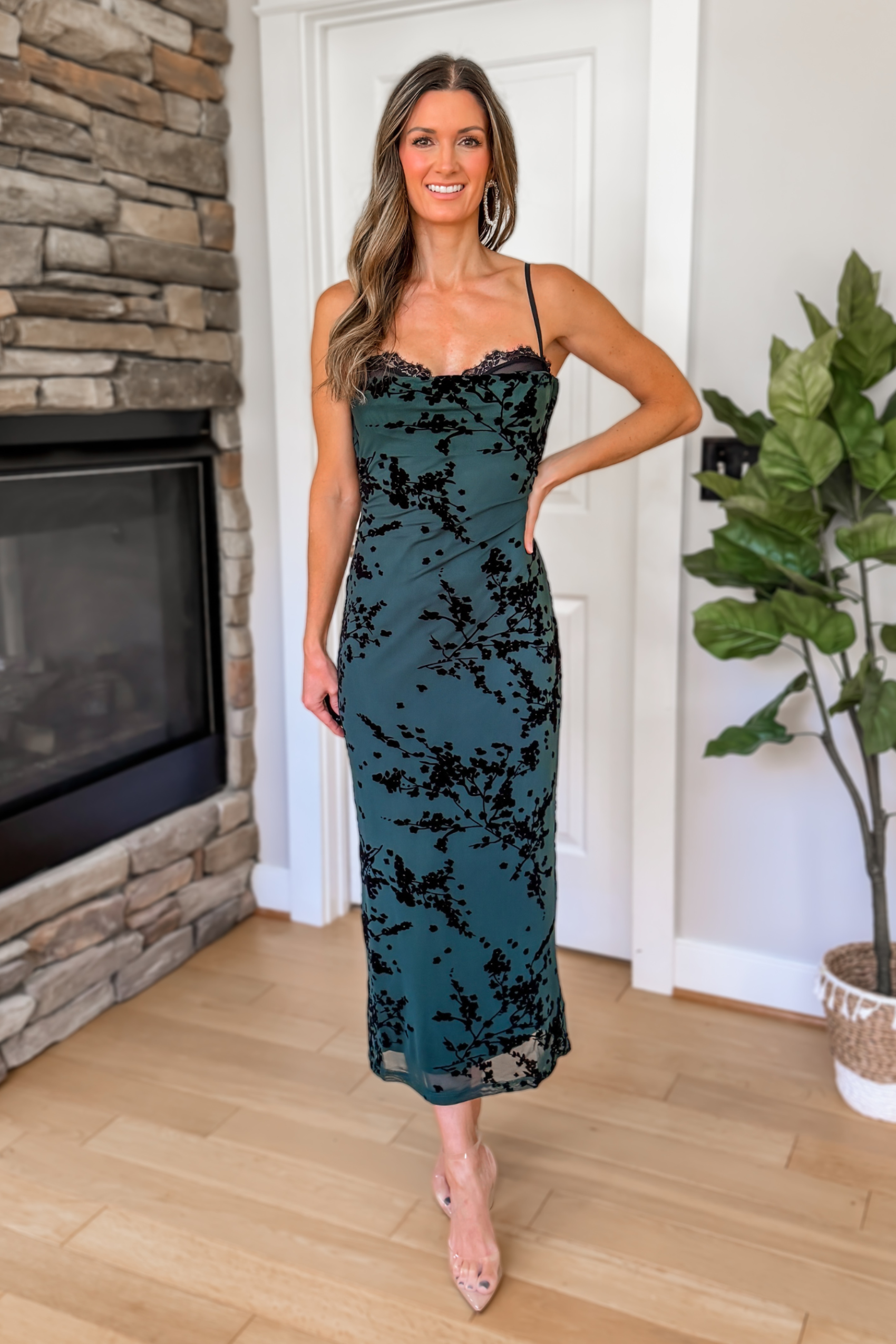 Lena Floral and Lace Midi Dress - Emerald