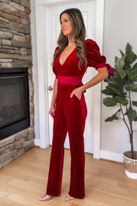 Bow Sleeve Velvet Jumpsuit - Burgundy