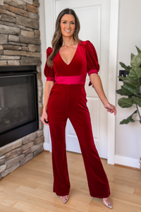 Bow Sleeve Velvet Jumpsuit - Burgundy