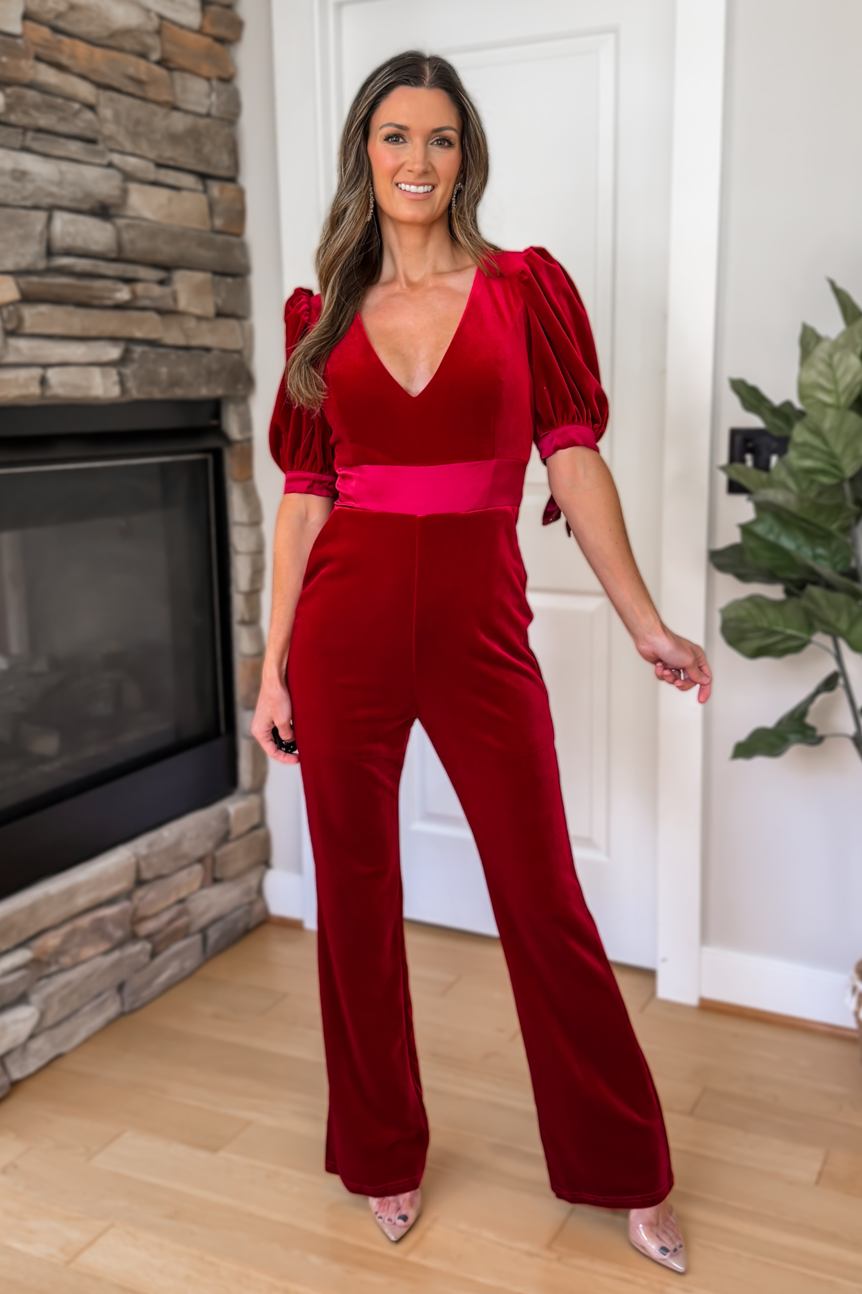 Bow Sleeve Velvet Jumpsuit - Burgundy