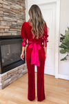 Bow Sleeve Velvet Jumpsuit - Burgundy