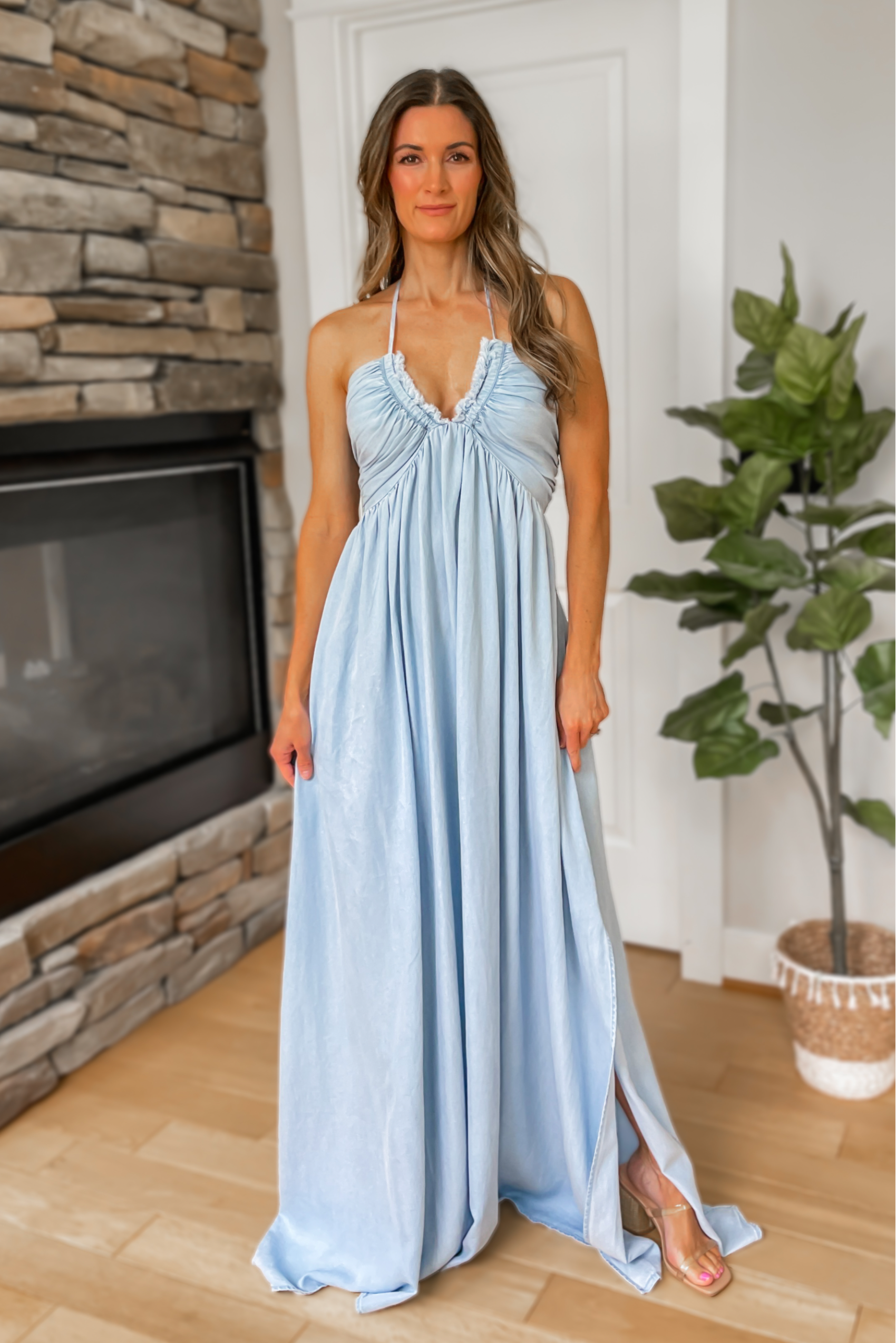 Chasing Sunsets Chambray Halter Maxi Dress - restock!