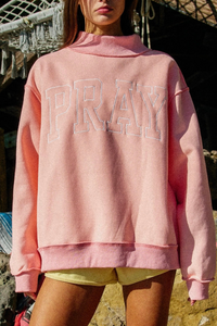 Pray Embroidered Mock Neck Sweatshirt - Pink