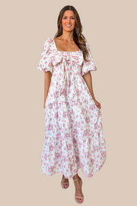 Blooming Love Floral Print Bow Maxi Dress - Off White and Pink