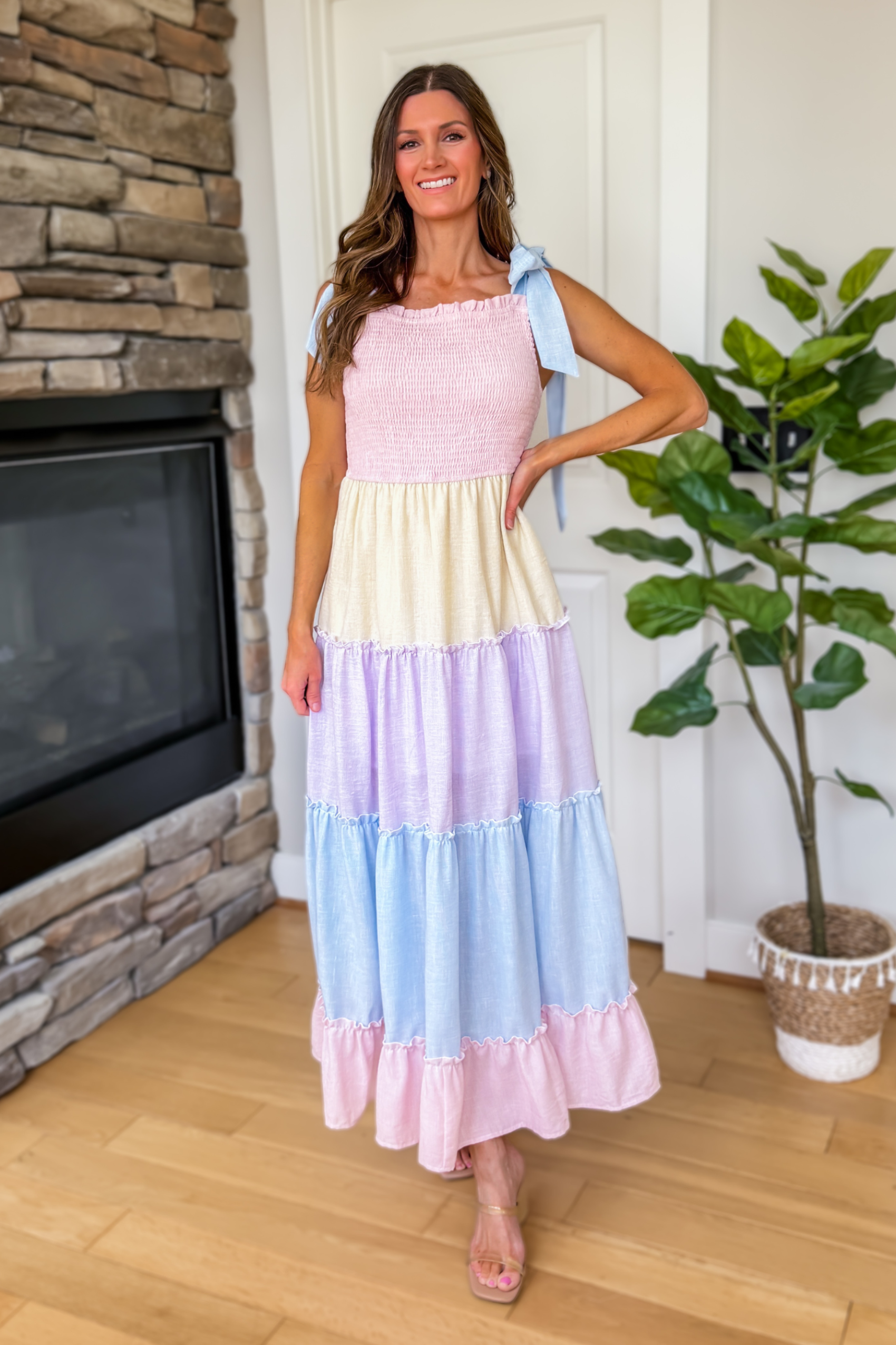 Pastel Colorblock Tiered Maxi Dress Medium