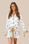 Christmas Tree and Bows Satin Pajama Set - Off White and Gold