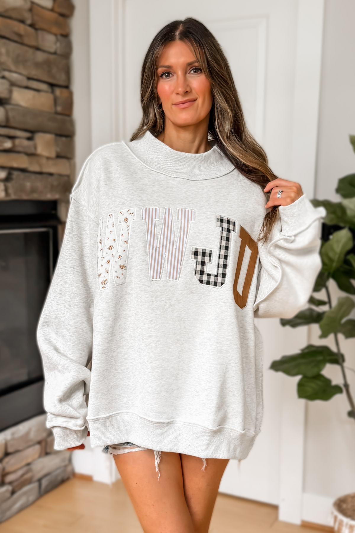WWJD Patchwork Mock Neck Sweatshirt - Grey Multi