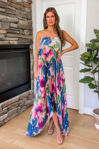 Palm Paradise Pleated Satin Maxi Dress – Blue Floral