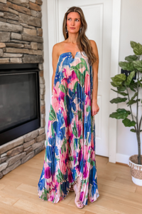 Palm Paradise Pleated Satin Maxi Dress – Blue Floral
