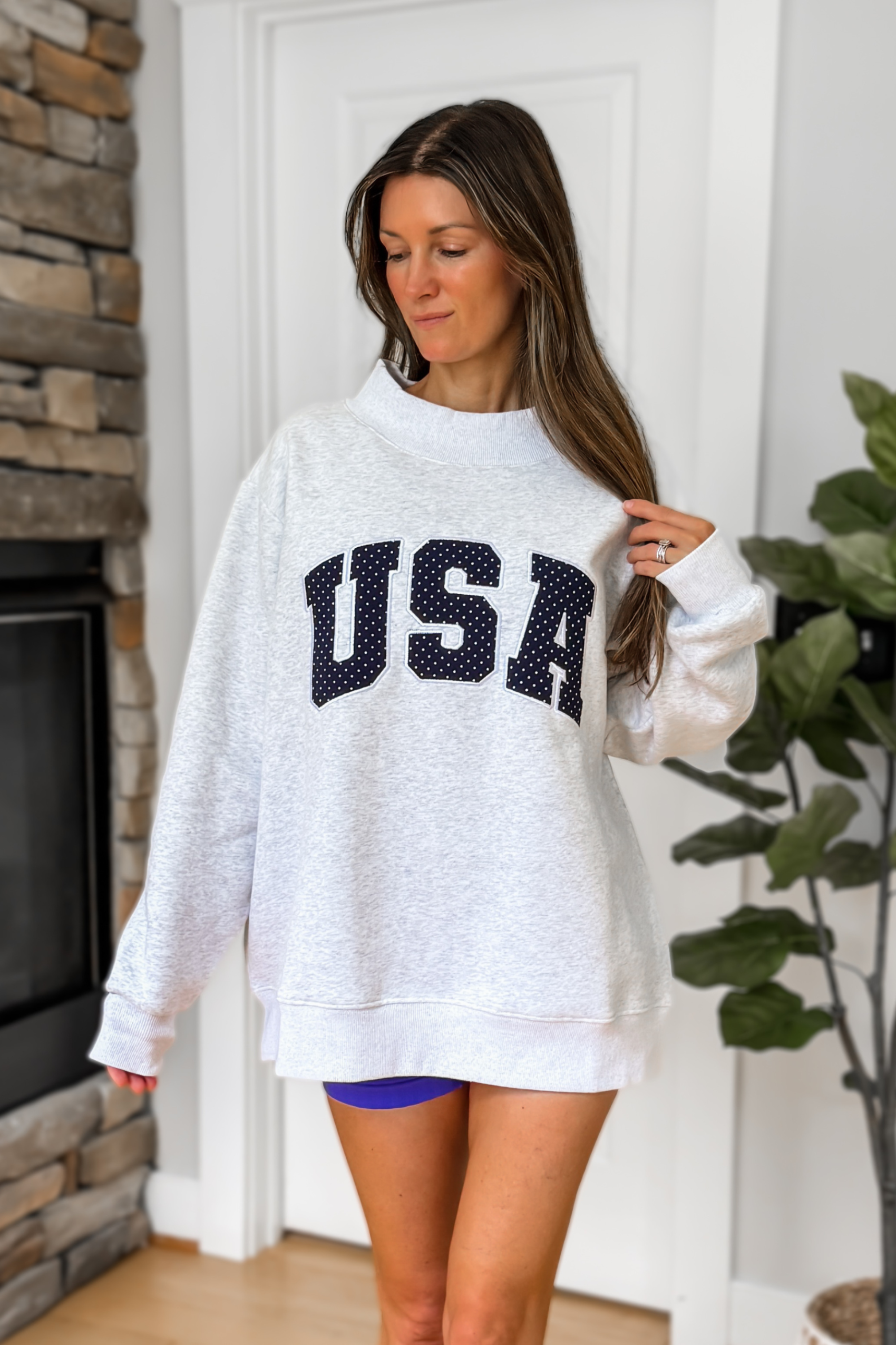 USA Mock Neck Sweatshirt - Navy Polka Dot