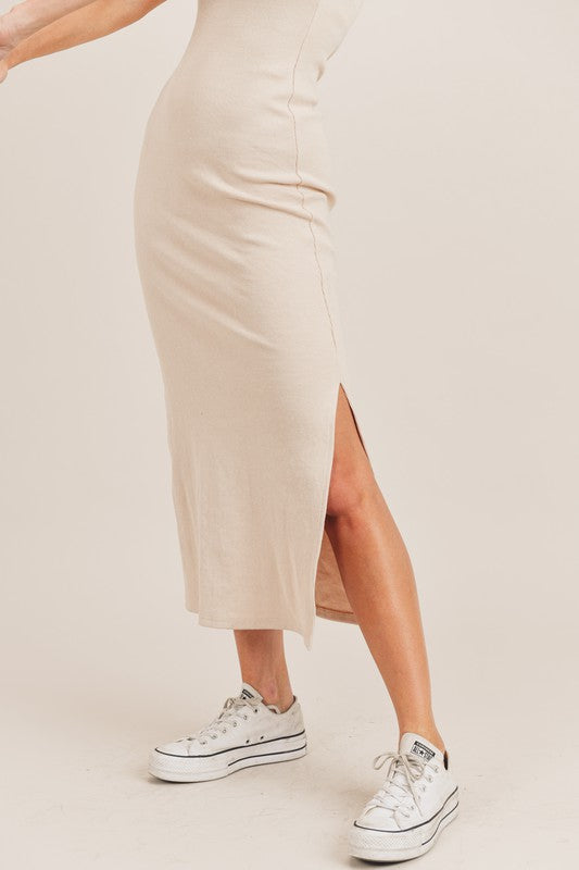 Only You Taupe Ribbed Midi Dress