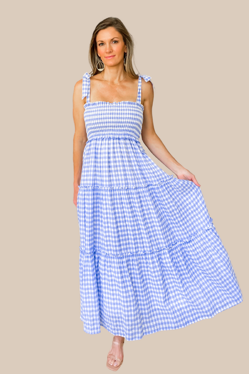 See You Again Blue Gingham Midi Dress Large See You Again Blue Gingham Midi Dress Large