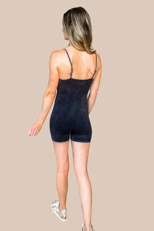 Cary Seamless Ribbed Romper Onesie - Washed Black - SALE
