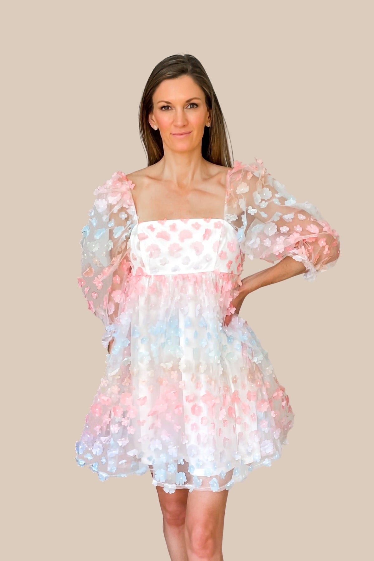 long sleeve floral babydoll dress Rainbow Floral Babydoll Dress
