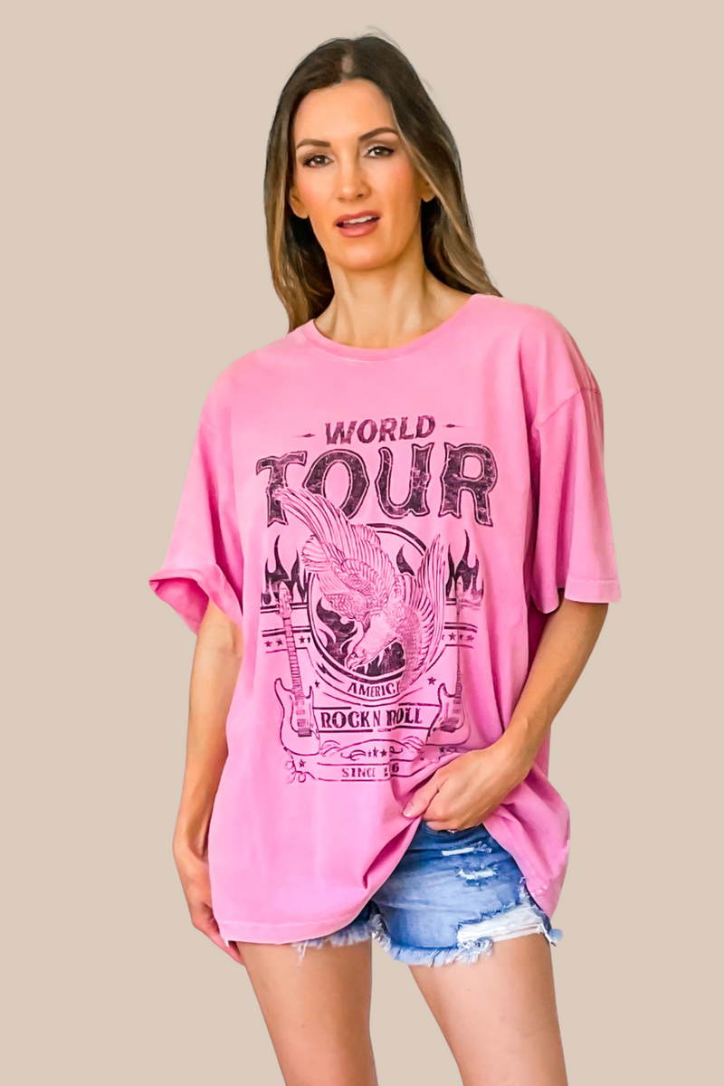 World Tour Rock N Roll Graphic Tee - Pink - SALE